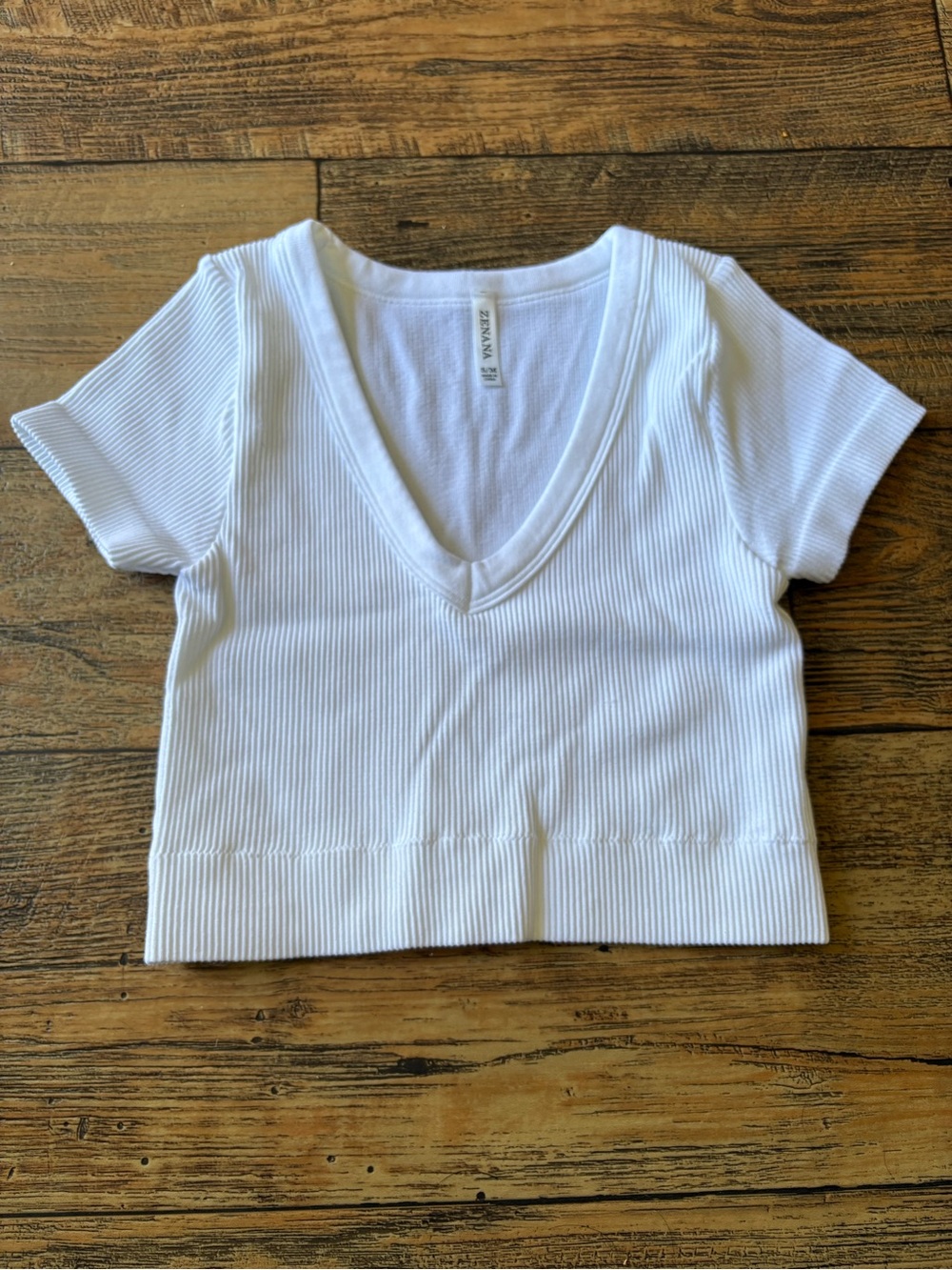 Zenana Outfitters White Ribbed V-Neck Crop Top